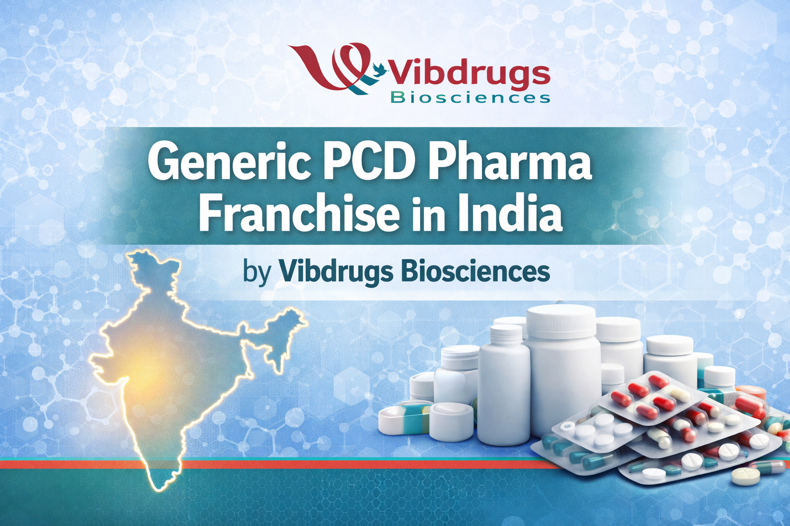 Generic PCD Pharma Franchise in India by Vibdrugs Biosciences with logo, India map and pharma products banner.